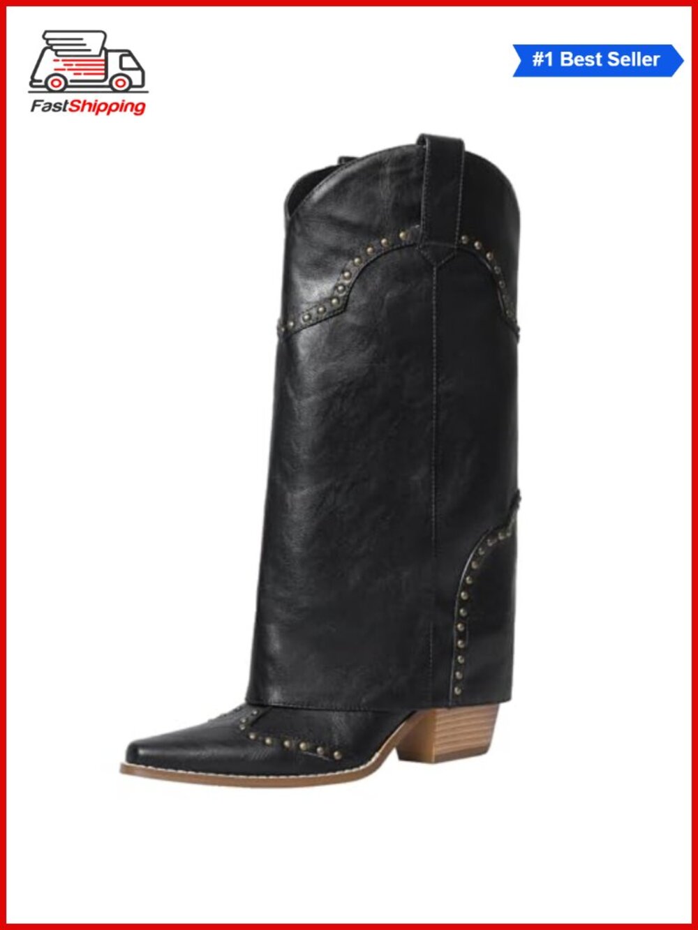 Faux Leather Knee High Cowboy Boots Fold Over Block Heel Pull-On